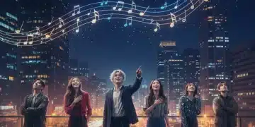 Main cast of Starlight Symphony K-Drama in a vibrant city night scene, exuding hope and musical ambition.