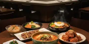 Seven diverse and artfully presented trending Korean dishes on a modern dining table.