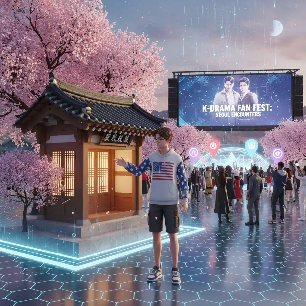 US geek avatar exploring a virtual K-Drama set in a metaverse hanok village.