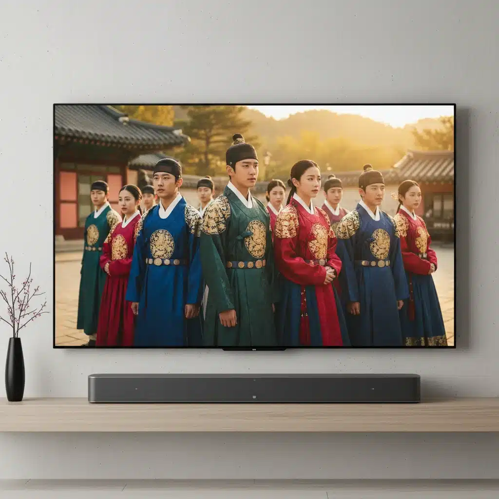 High-resolution 4K OLED TV displaying vibrant K-Drama scene with soundbar