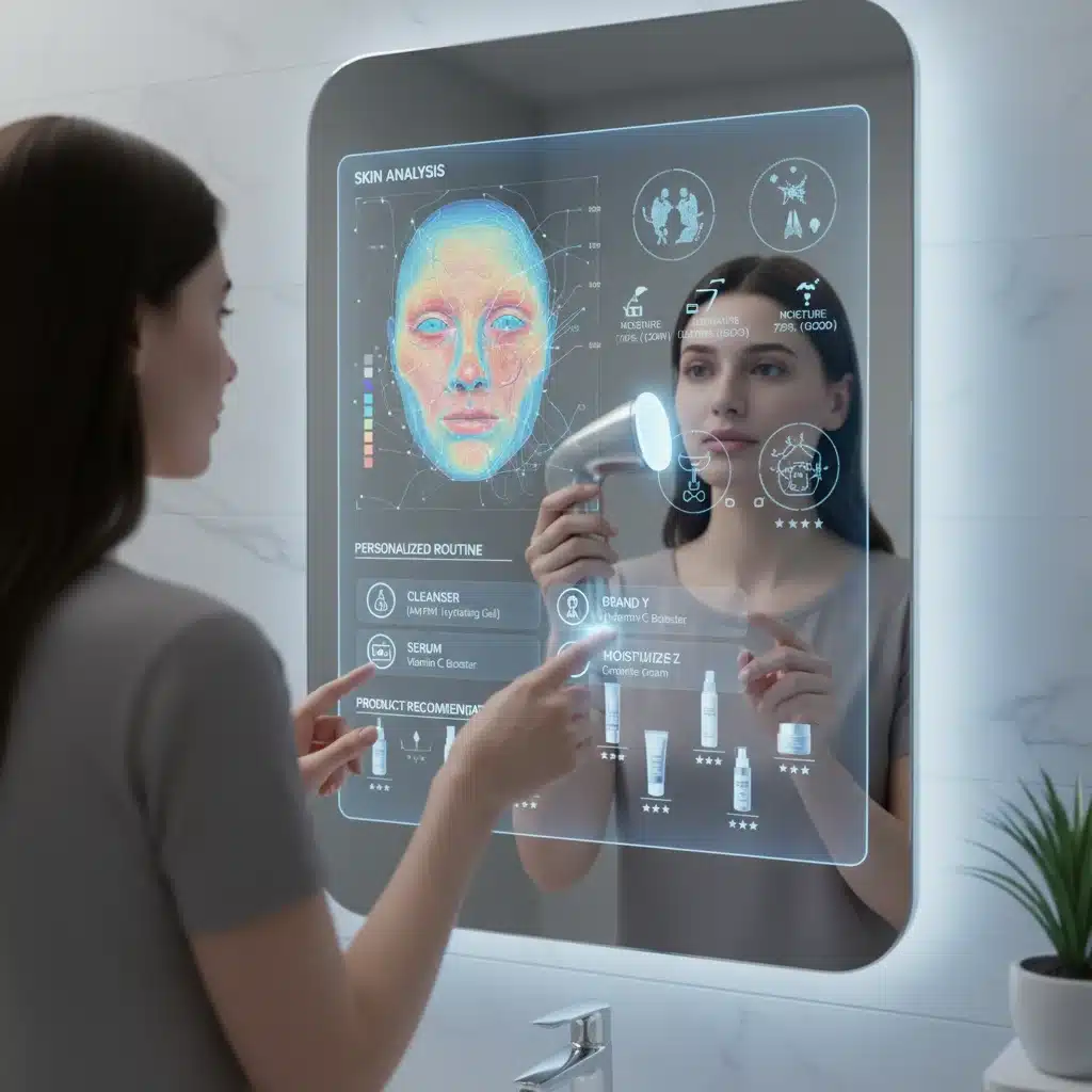 Woman using an AI-powered smart mirror for personalized skincare analysis