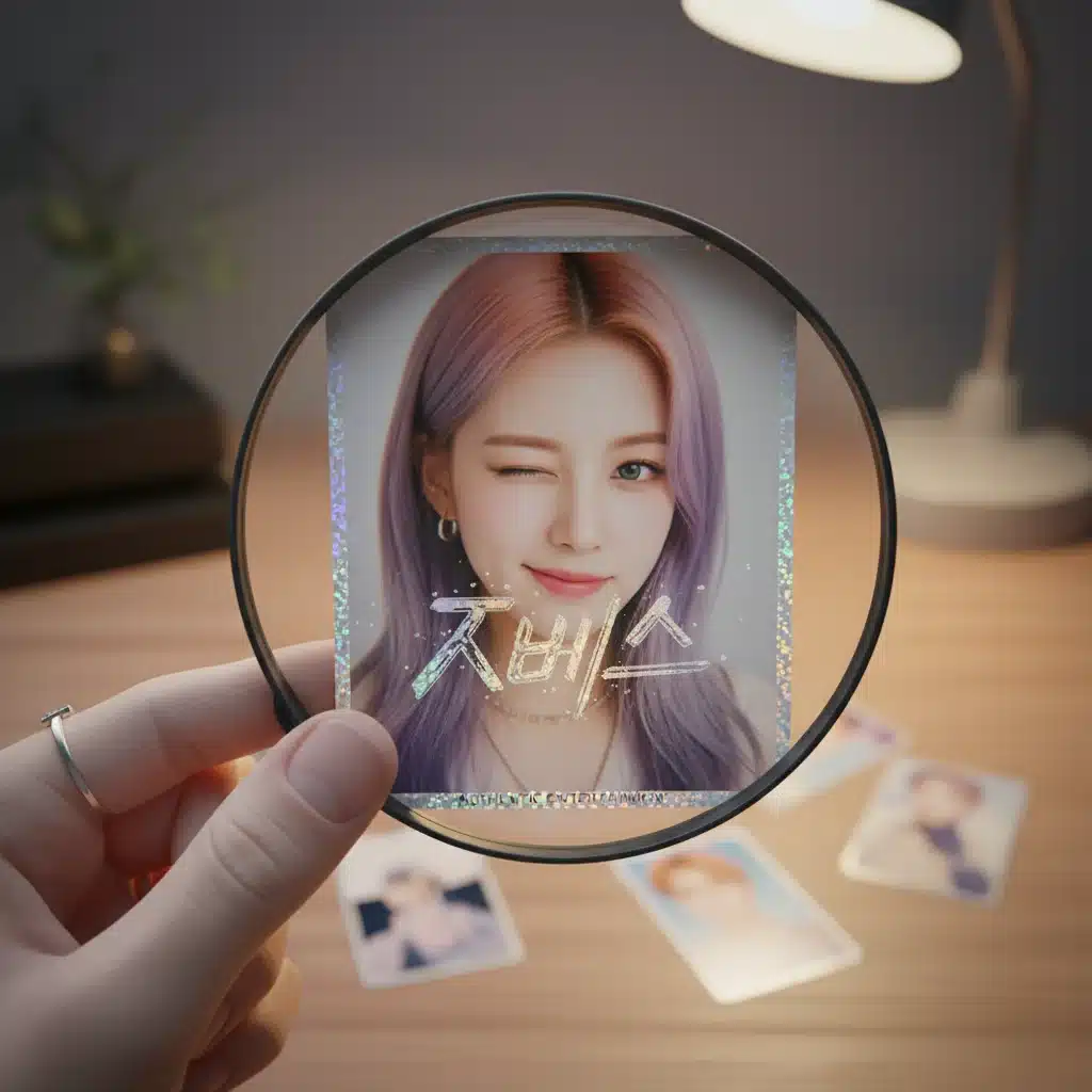 Close-up of a K-Pop photo card being examined with a magnifying glass to check for authenticity details.