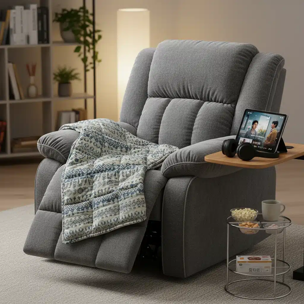 Ergonomic recliner with tablet, wireless headphones, weighted blanket, and snack caddy