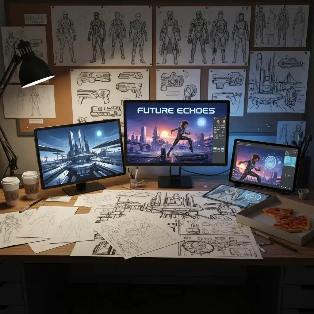 Concept art and storyboards for 'Future Echoes' K-Drama, demonstrating meticulous pre-production planning.