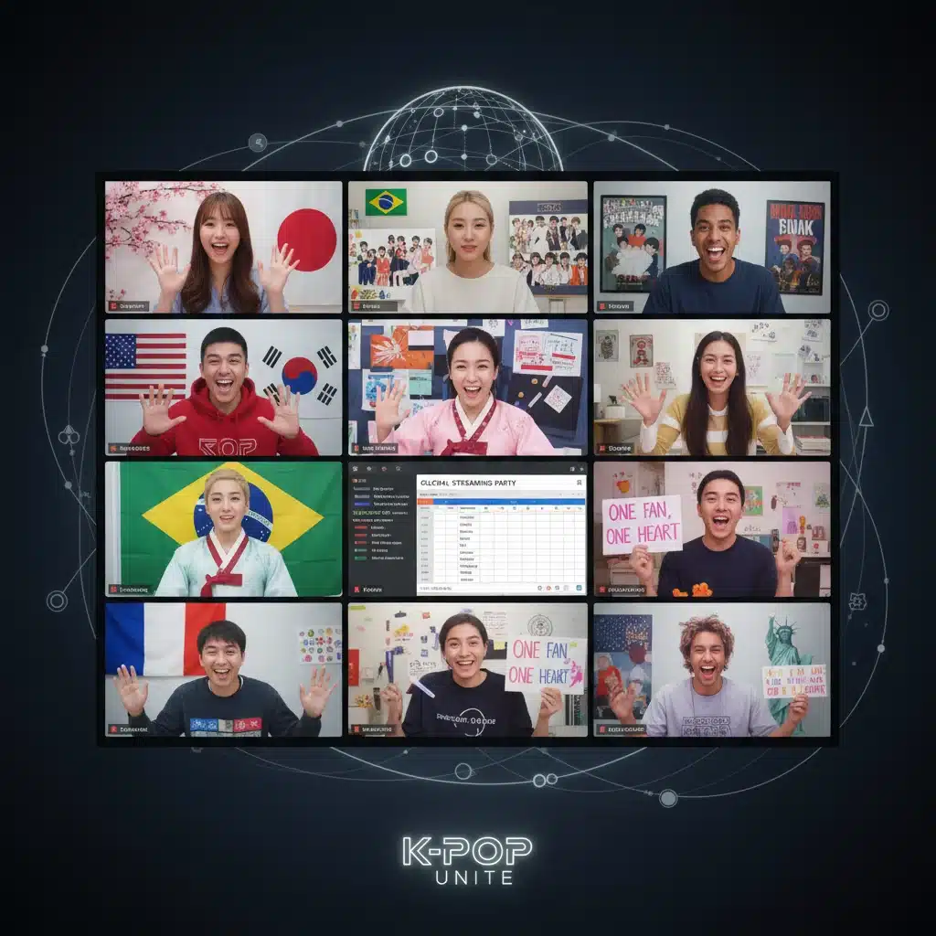 Diverse K-Pop fans collaborating online on a global fan project, highlighting community and digital activism.