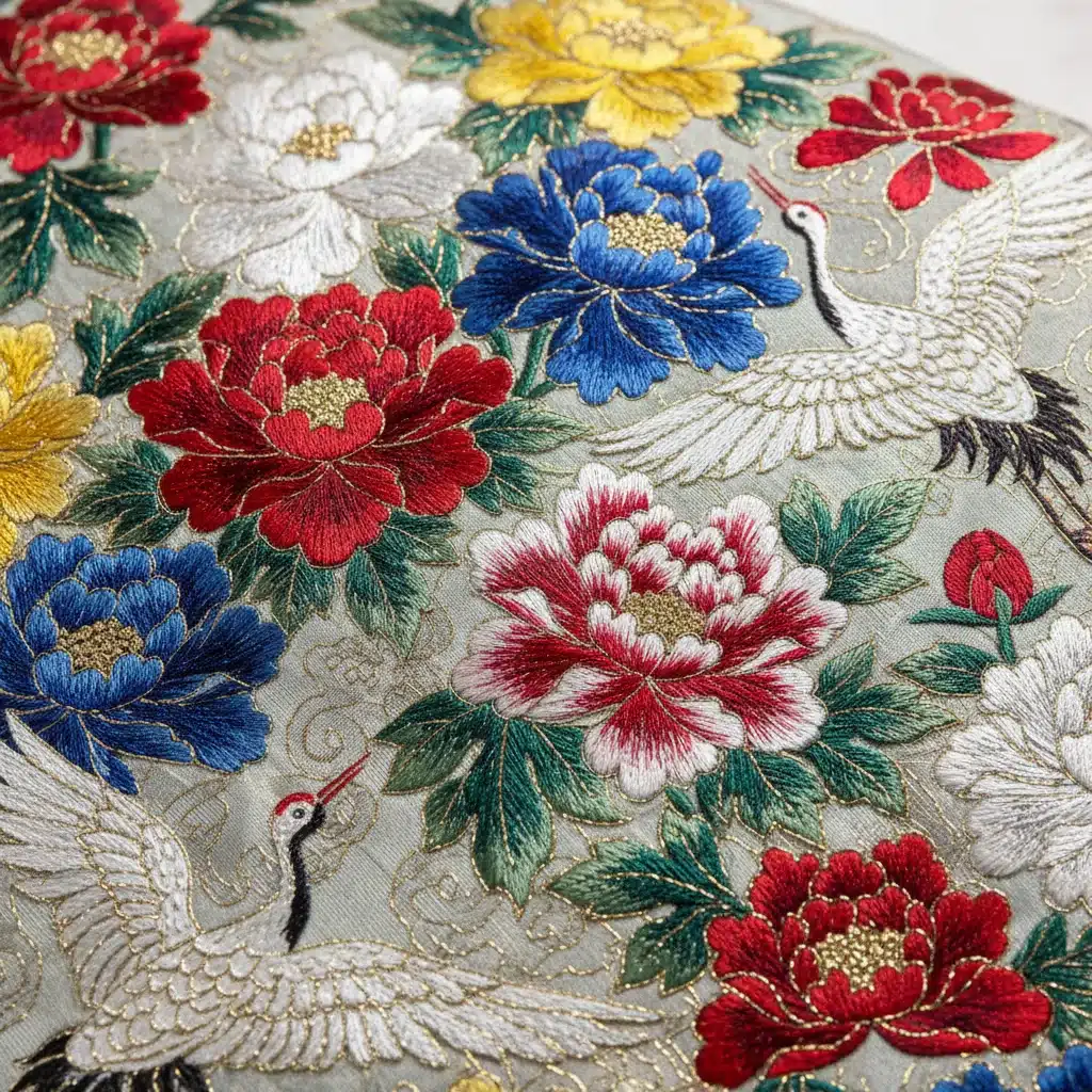 Intricate embroidery on a Hanbok silk fabric, featuring traditional Korean patterns and vibrant colors.