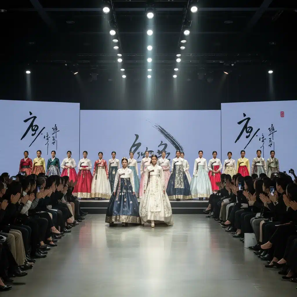 Diverse models showcasing traditional and modern Hanbok designs on a fashion runway.