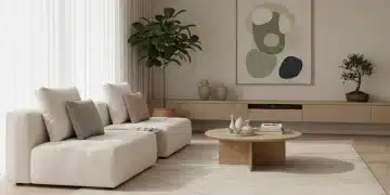 Modern living room with K-Culture inspired minimalist furniture and natural light in a US home.