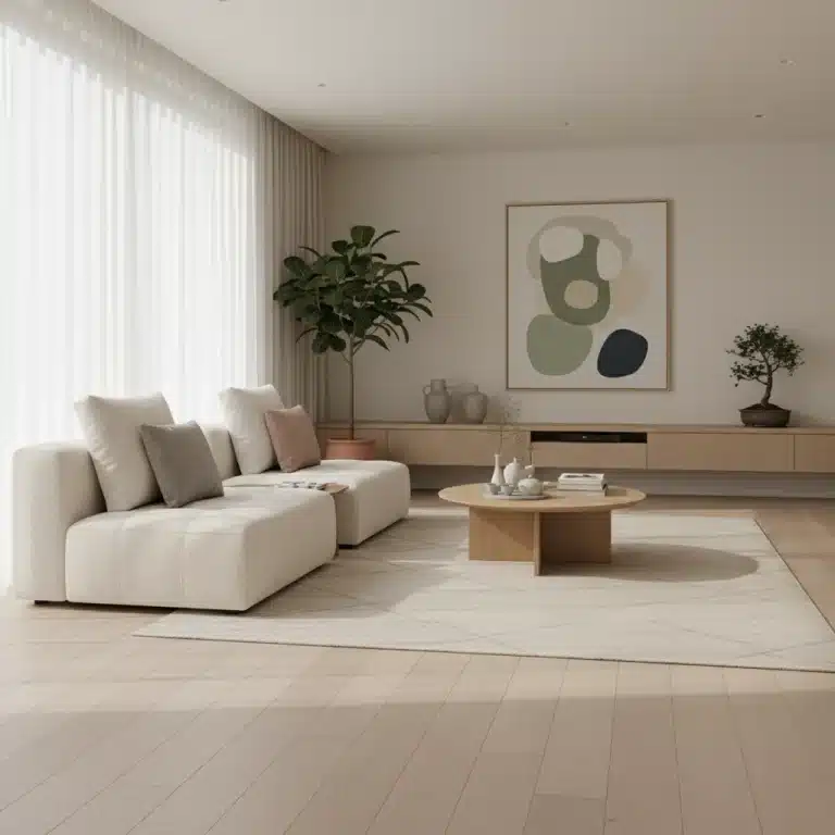 Modern living room with K-Culture inspired minimalist furniture and natural light in a US home.