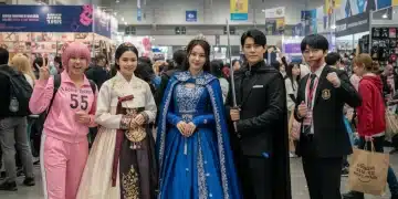 K-Drama cosplayers posing at a US convention, showcasing diverse character costumes