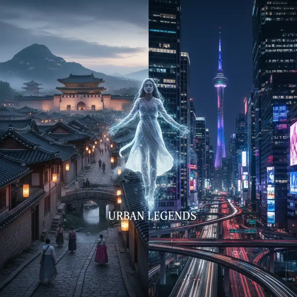 Cultural bridge between Korean urban legends and U.S. audience appeal, split screen.