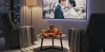 Cozy living room with large TV showing K-Drama and Korean snacks, perfect for a marathon