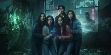 Captivated young adults watching a suspenseful K-Drama on a screen, reflecting urban legends theme.
