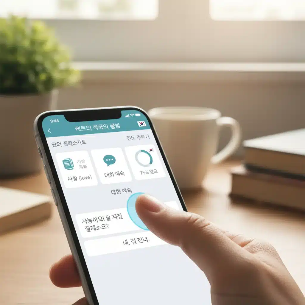 Interactive Korean language app interface with vocabulary exercises