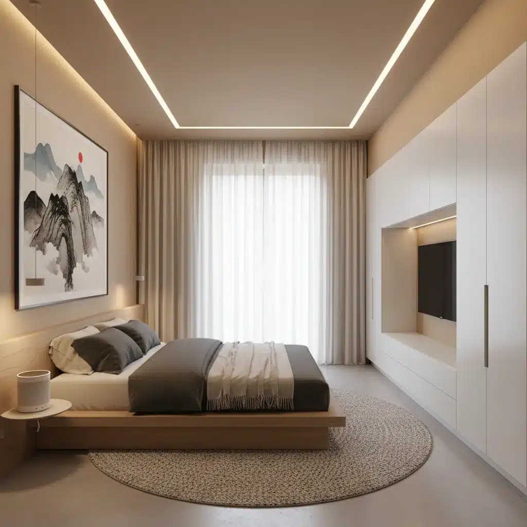 Modern Korean-inspired bedroom with low bed and smart storage.