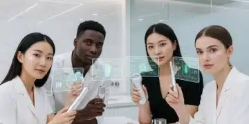 Futuristic Korean skincare lab with diverse models and glowing personalized beauty tech