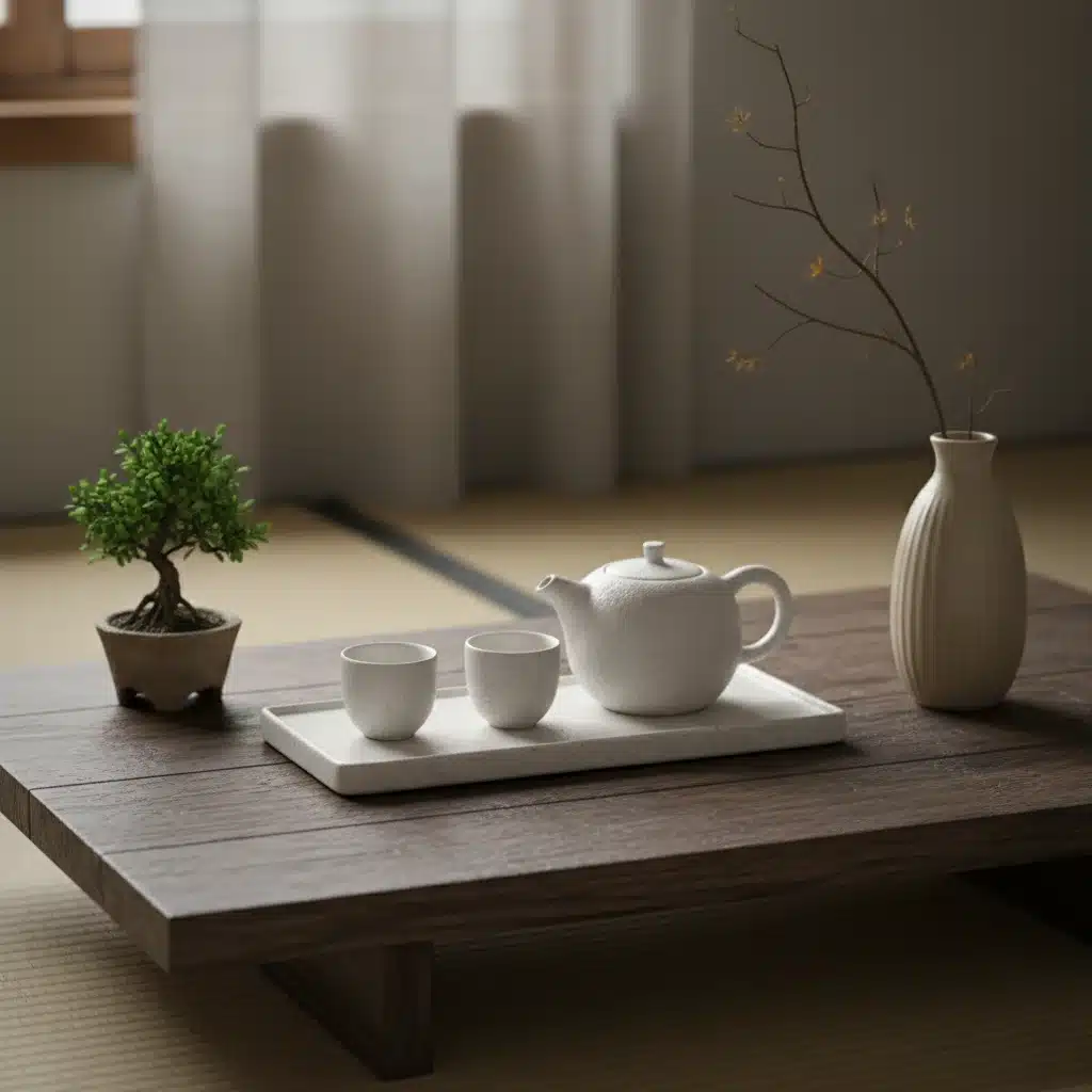 Minimalist Korean tea set on a low wooden table with natural decor.
