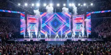 Energetic K-Pop idol group performing on stage in a large U.S. arena with fans holding lightsticks.