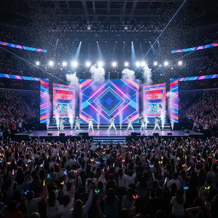 Energetic K-Pop idol group performing on stage in a large U.S. arena with fans holding lightsticks.