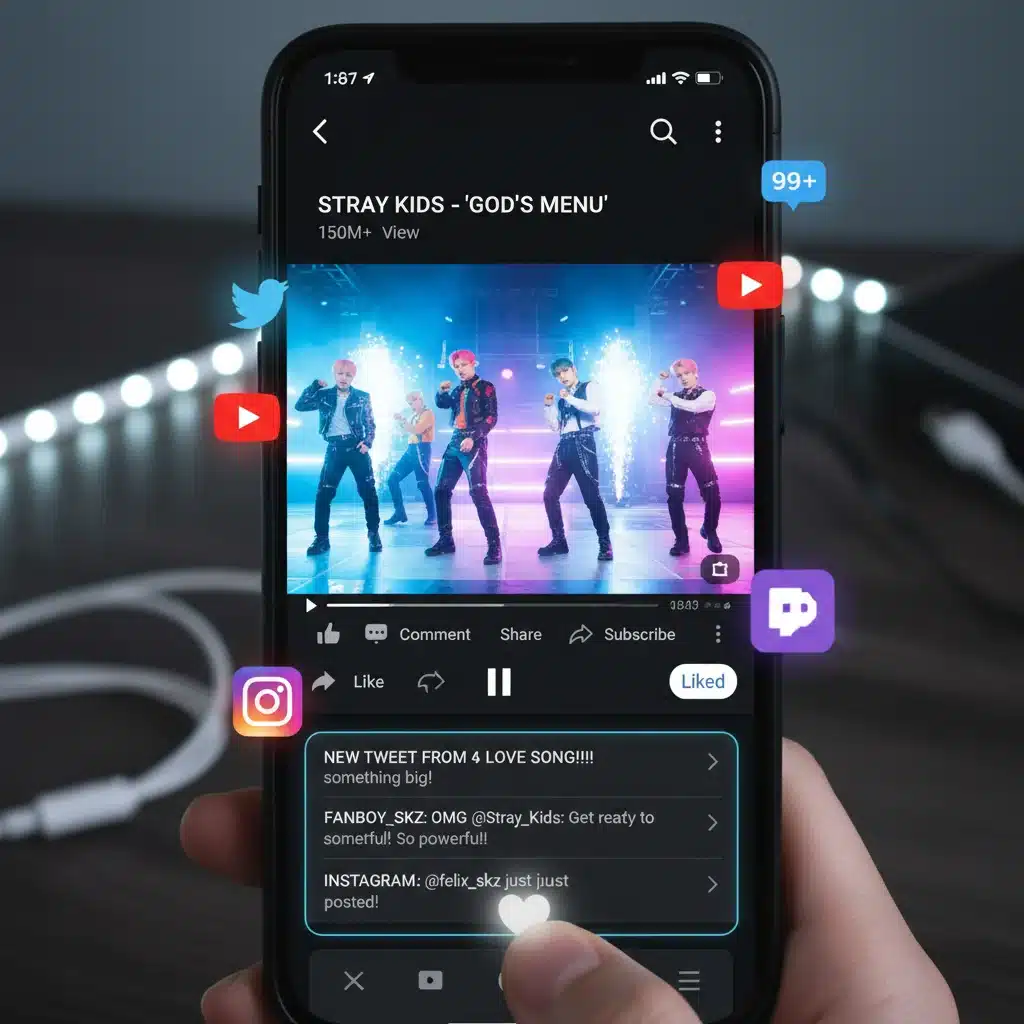Smartphone displaying K-Pop music video and social media engagement