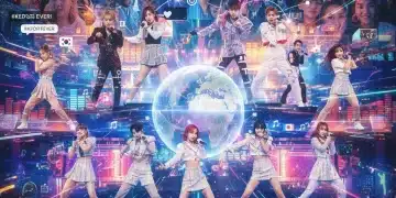 K-Pop idols performing on stage with digital fan interactions displayed around them, symbolizing the digital evolution of K-Pop fandom.