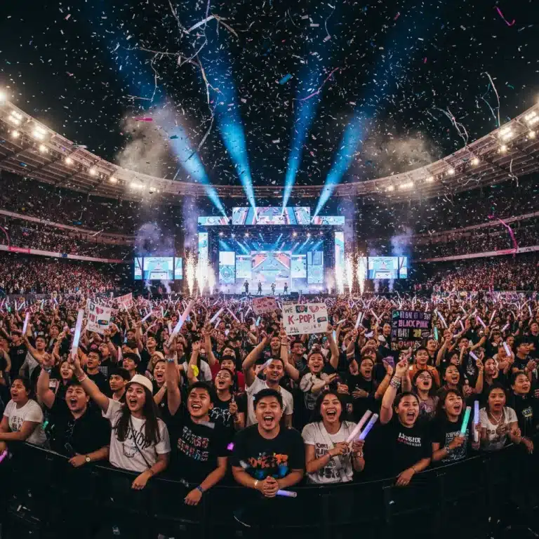 K-Pop fans cheering at a concert, illustrating global reach