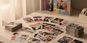 A diverse collection of K-Pop photo cards, showcasing various idol groups and eras, neatly organized on a clean surface.