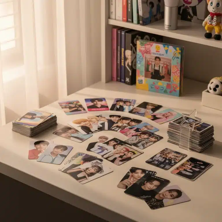 A diverse collection of K-Pop photo cards, showcasing various idol groups and eras, neatly organized on a clean surface.