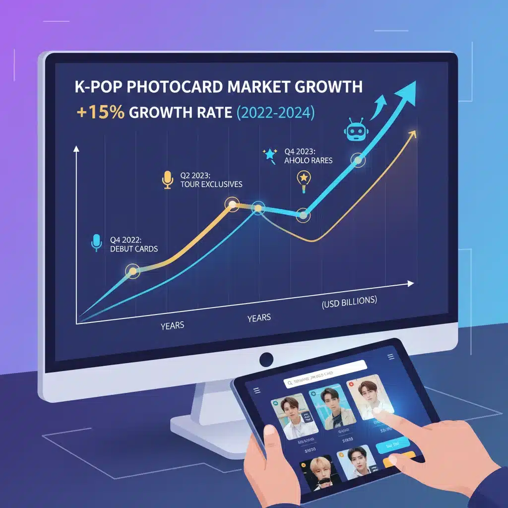 Digital graph illustrating a 15% growth trend in the K-Pop photo card market, with a smartphone displaying a trading app.