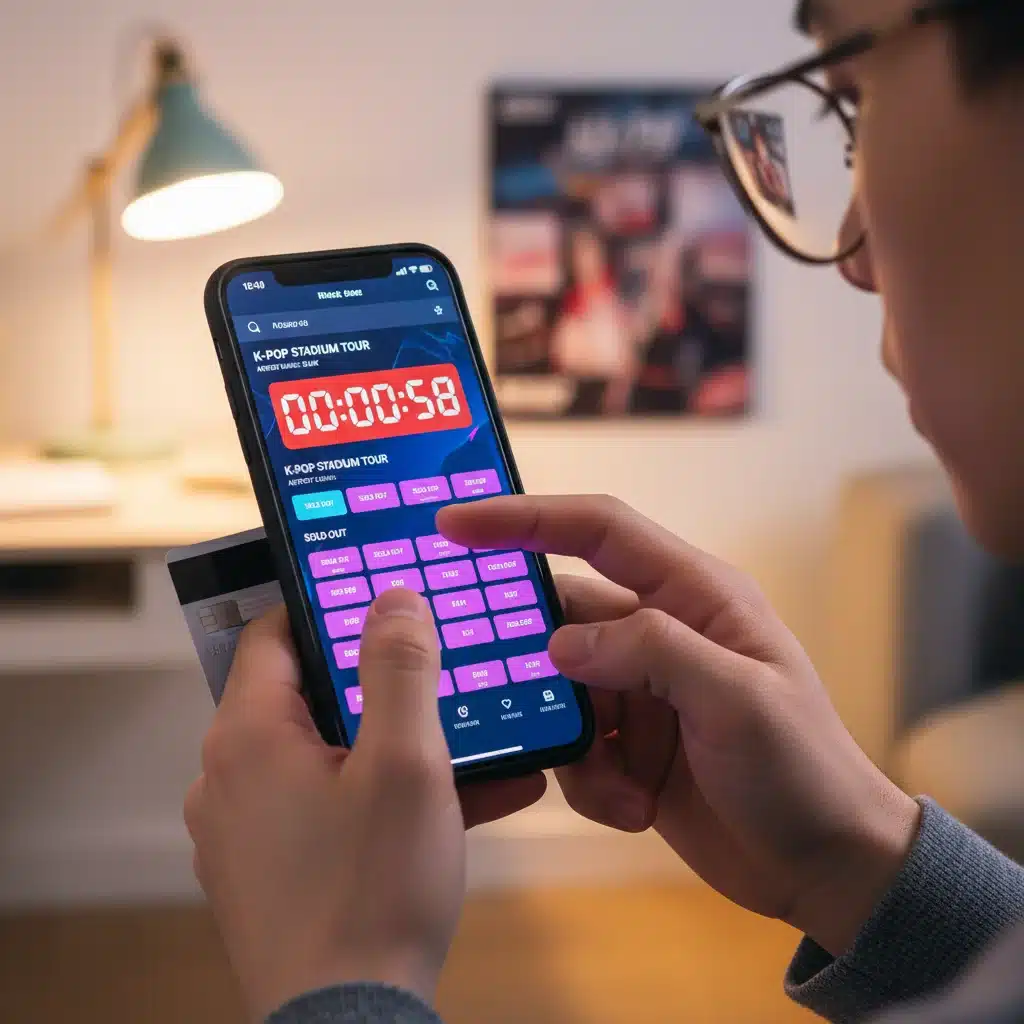 Hands on smartphone navigating a K-Pop concert ticketing website with a countdown timer.