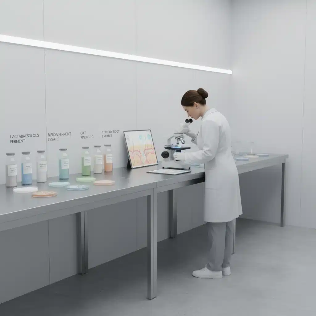 Scientist examining microbiome-friendly skincare ingredients in a modern lab