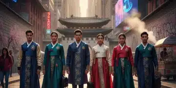 Modern Hanbok fashion blending traditional Korean aesthetics with contemporary US urban styles.