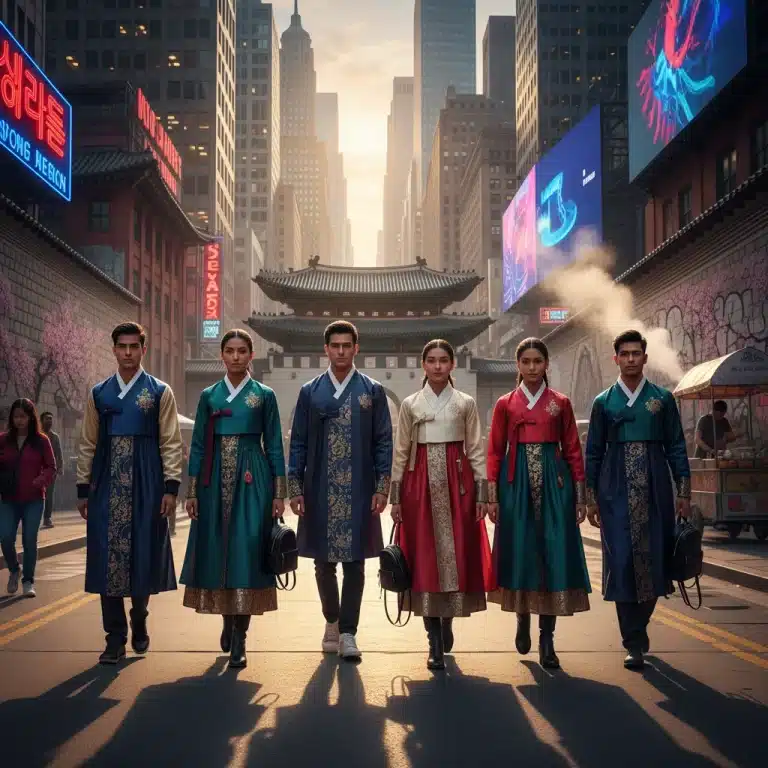 Modern Hanbok fashion blending traditional Korean aesthetics with contemporary US urban styles.