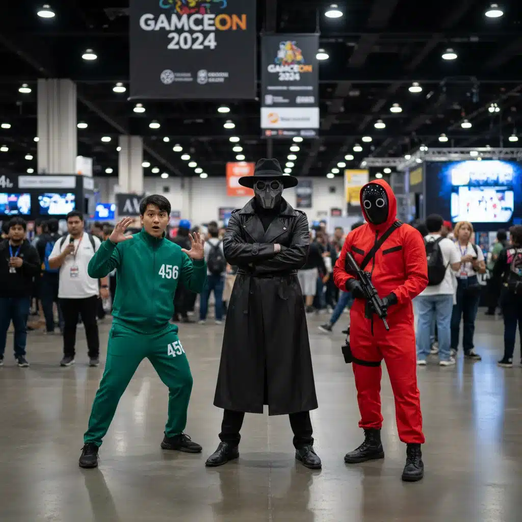 Squid Game K-Drama cosplay group, Front Man, Guard, and Player 456