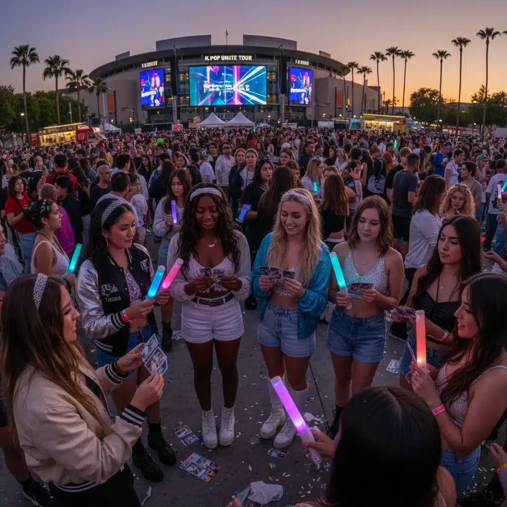 Diverse K-Pop fans sharing photocards and lightsticks outside a U.S. concert venue.