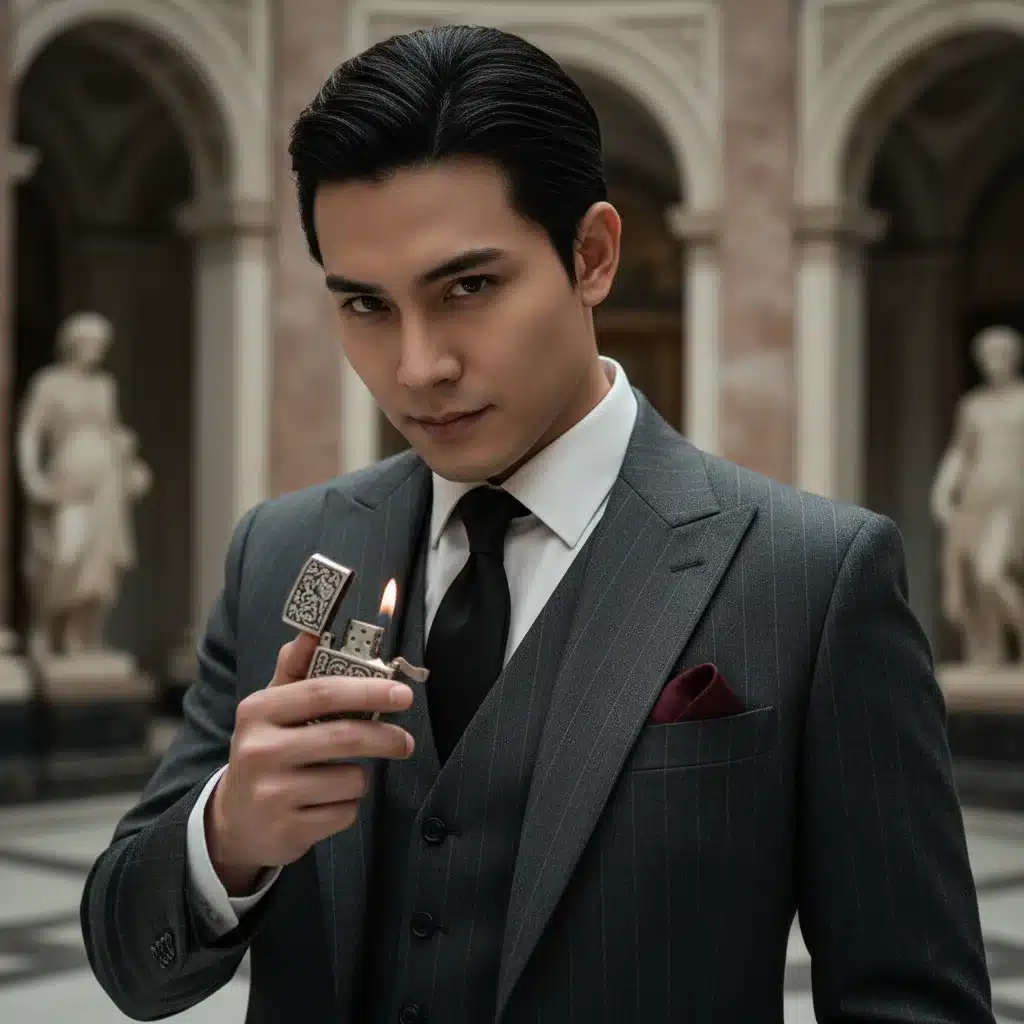 Detailed Vincenzo Cassano K-Drama cosplay, sharp suit and prop lighter