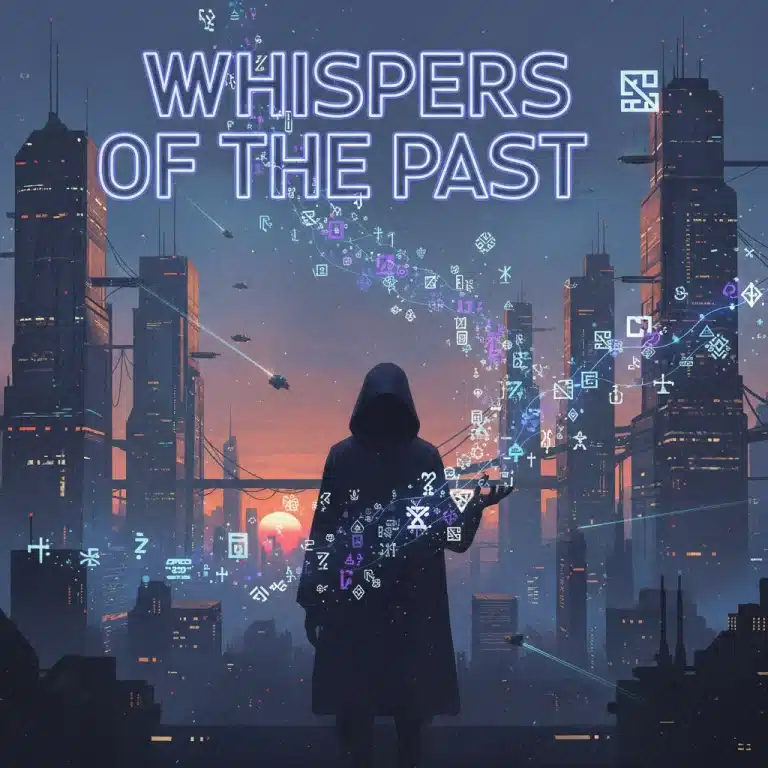 Book cover of 'Whispers of the Past' with futuristic city and mysterious figure