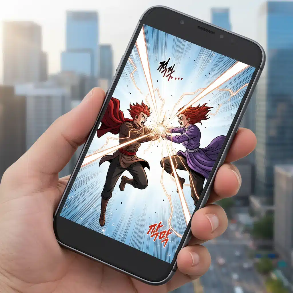 Close-up of a smartphone displaying a dynamic Korean webtoon, illustrating its engaging visual storytelling.