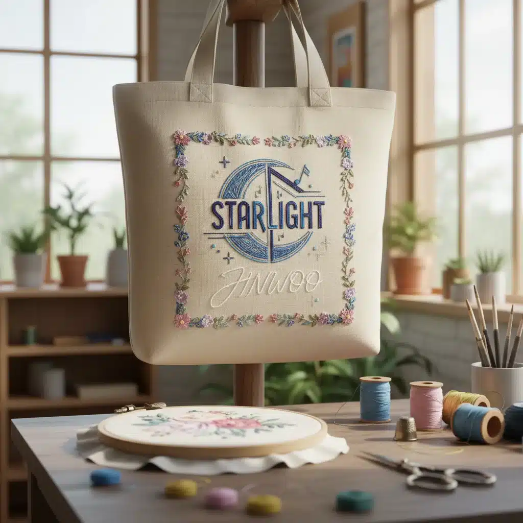 Embroidered K-Pop themed tote bag with group logo and member name.
