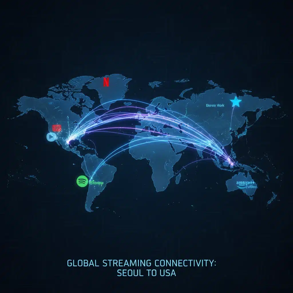 World map showing streaming connections between South Korea and the US with service logos.