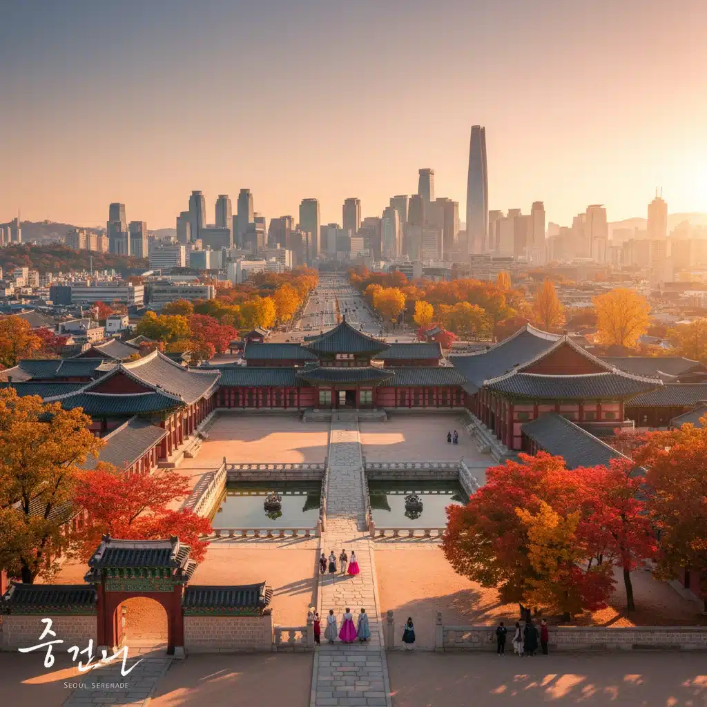 Traditional Korean palace in autumn with modern Seoul skyline