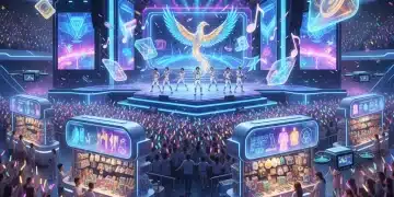 K-Pop concert stage with fans and merchandise stalls, illustrating fandom economics.