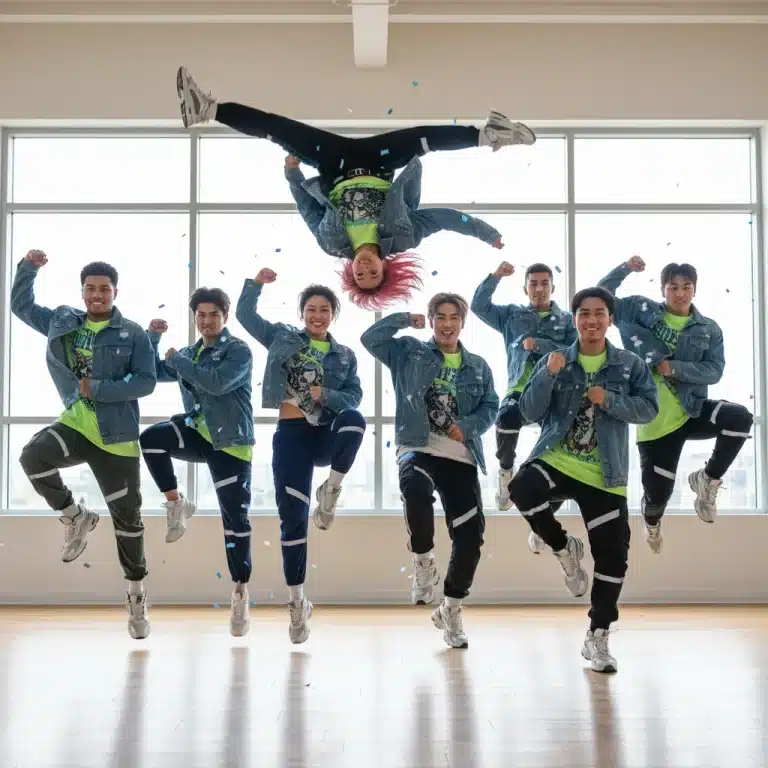 Energetic young adults performing a synchronized K-Pop dance cover in a studio.