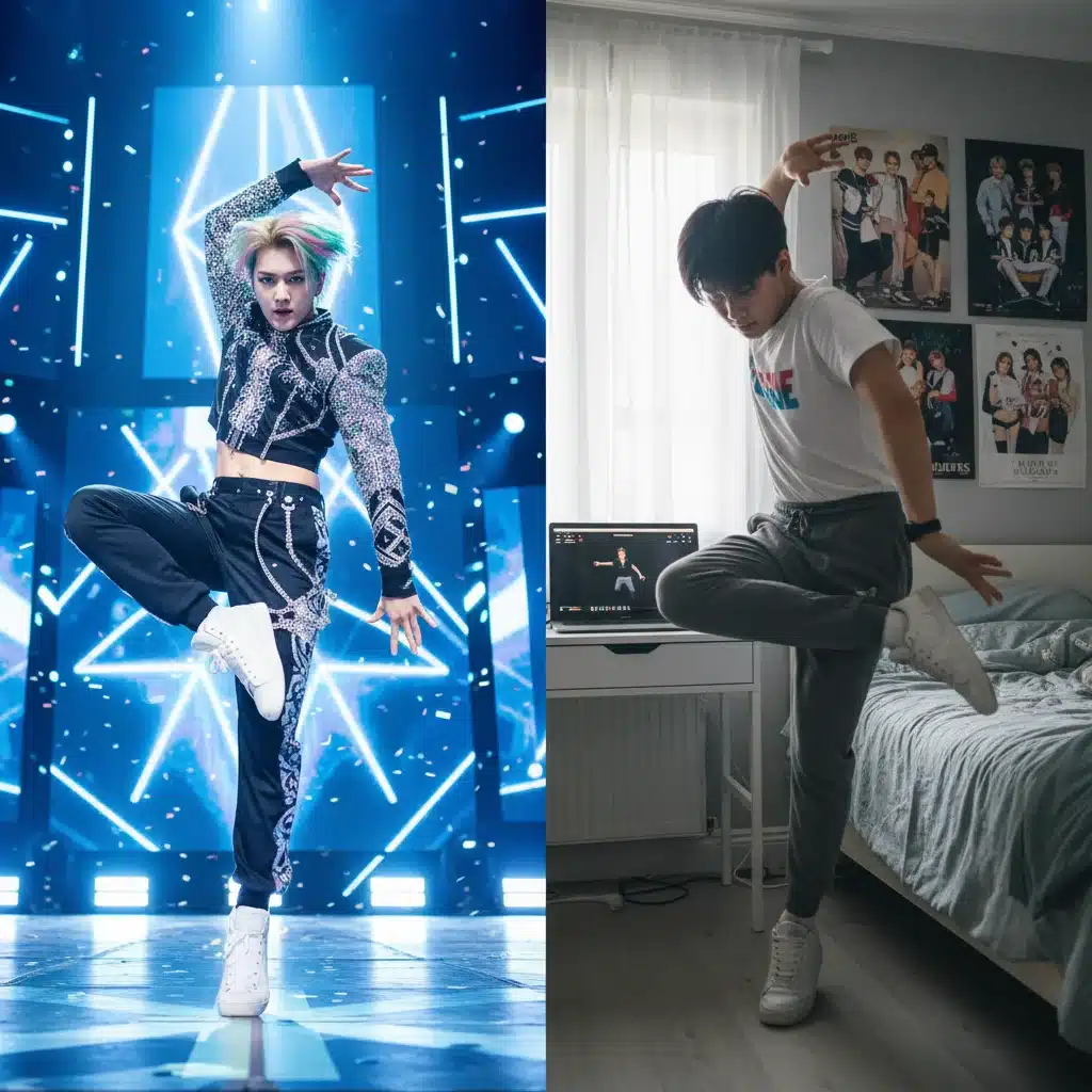 K-Pop idol and fan mirroring complex dance moves from a tutorial.