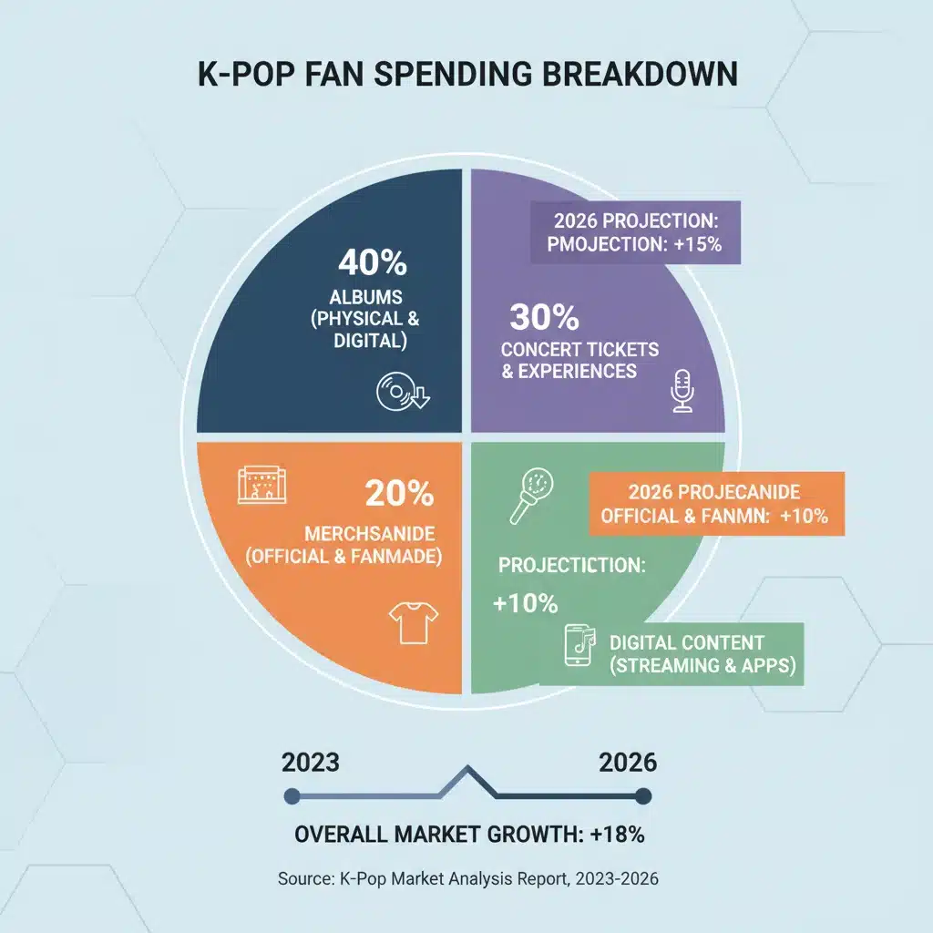 Infographic detailing K-Pop fan spending categories and growth projections by 2026.