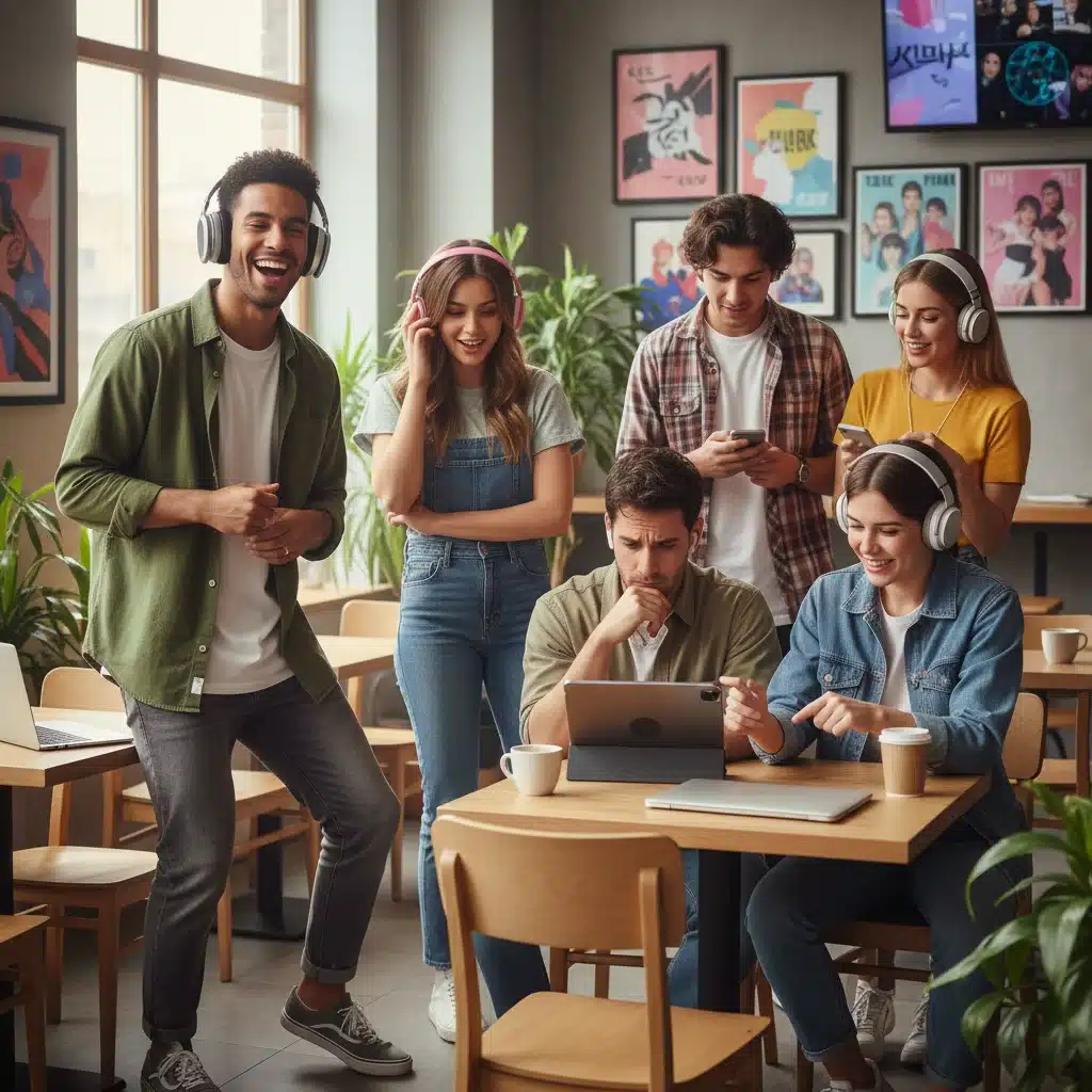 Diverse group of young people enjoying K-Pop music with headphones in a cafe