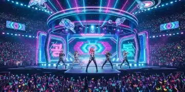 K-Pop group performing on a futuristic stage for a large U.S. audience, symbolizing global expansion and technological integration in music.
