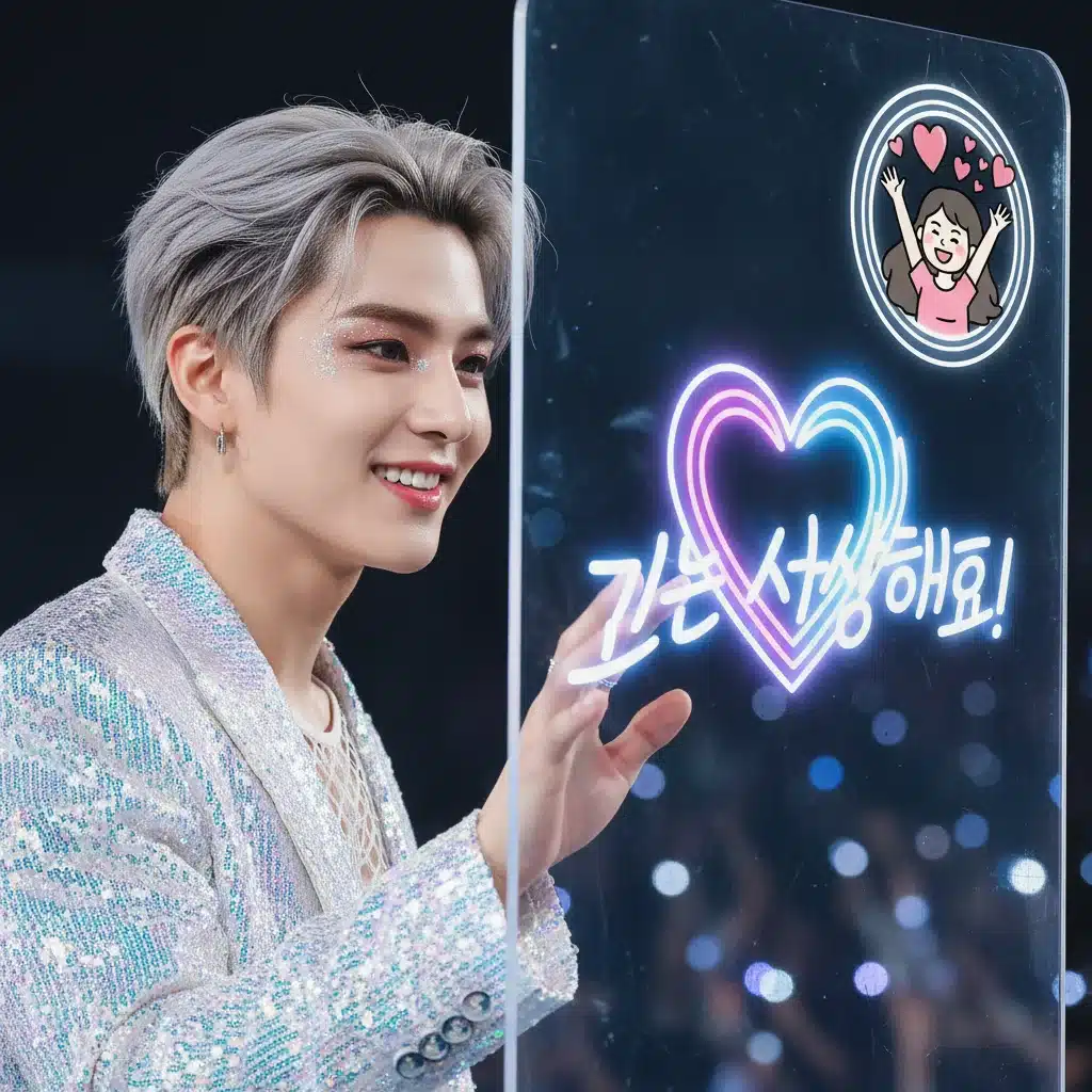 K-Pop idol interacting with augmented reality fan messages during a live stream.