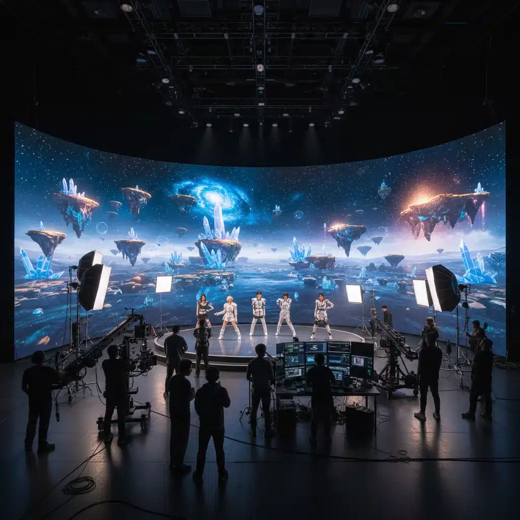 K-Pop music video production team using an LED volume for virtual sets.