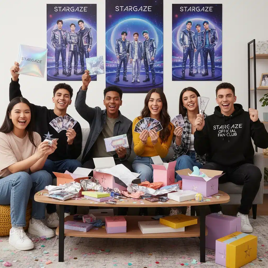 K-Pop fans unboxing new merchandise, showing enthusiasm and loyalty.